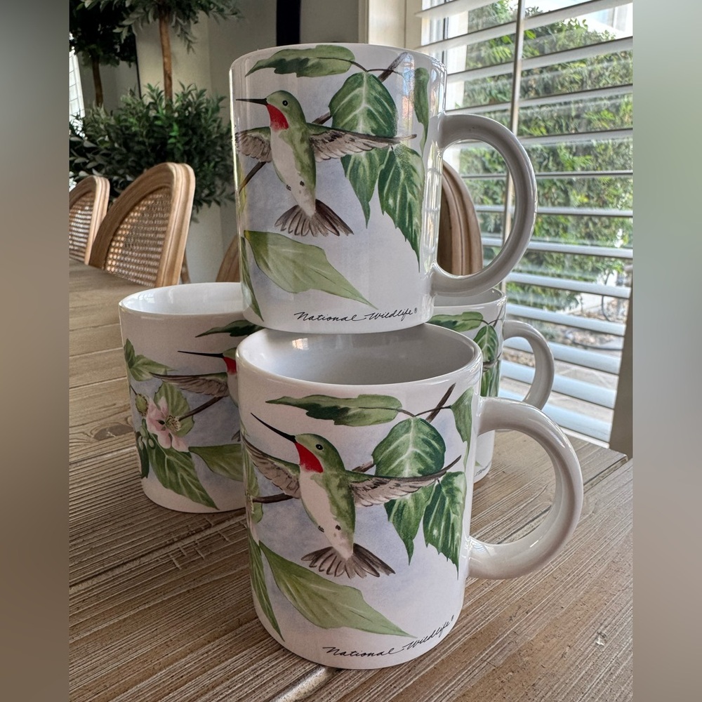 Vintage National Wildlife Hummingbird Pink Floral Botanical
Cups/4
